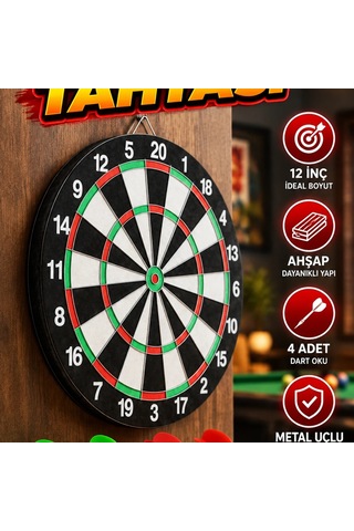 12 İnç Ahşap Dart Tahtası 4 Metal İğne Uçlu Dart Oklu Set