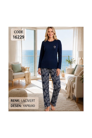 Melodi Kadın Standart Kalıp %100 Pamuk Bisiklet Yaka Uzun Kollu Baharlık Pijama Takımı 16229 - 1 Adet Lacivert
