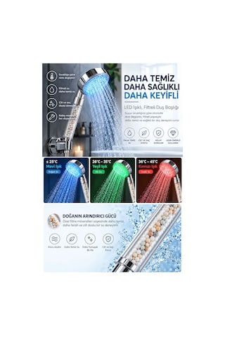 Sıcaklığa Duyarlı Led'li Arıtmalı Duş Başlığı Krom