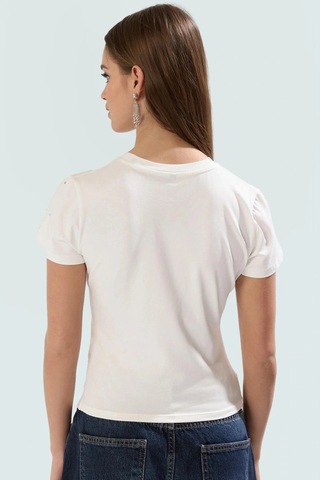 Ersefa Asimetrik Taşlı T Shirt Pamuklu Fitted Yazlık Dayanıklı Malzeme M Beyaz