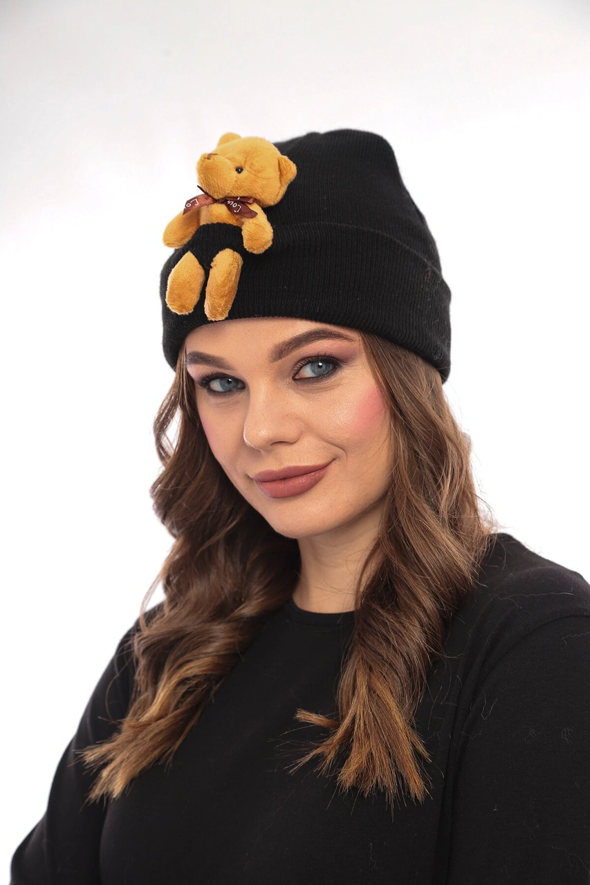 Mamayaga Unisex Ayılı Spor Şık Tasarım Hediyelik Bebe Mavisi Bere Siyah