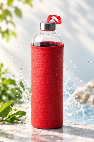 H2o Sağlıklı Cam Matara 1000 Ml Su Şişesi, Deri Kılıflı 1 Lt Sporcu Suluğu Kırmızı