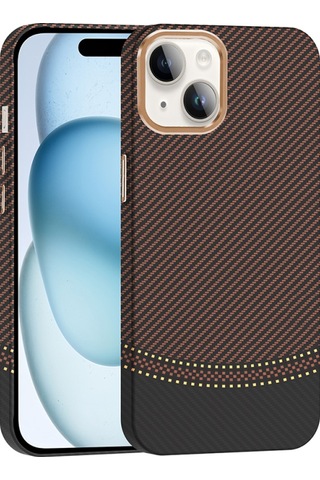 Apple Uyumlu iPhone 14 Kılıf M-safe Şarj Özellikli Karbon Fiber Görünümlü Gros Kapak Gold-Siyah