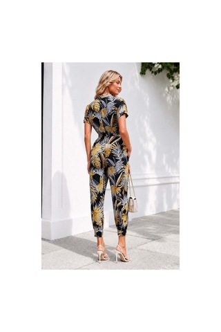 DefyModa Kadın Şık Tasarım Tül Kumaş Kısa Kollu Tulum Sarı