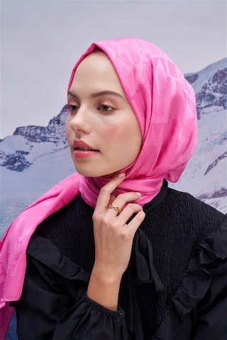Carell Yazı Desen Jakar İtalyan İpekli Şal Koyu Pembe Çok Renkli
