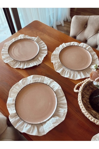 Natürel Ham Keten Fırfırlı Supla Takımı Amerikan Servis 6 Adet 40x40cm Bej