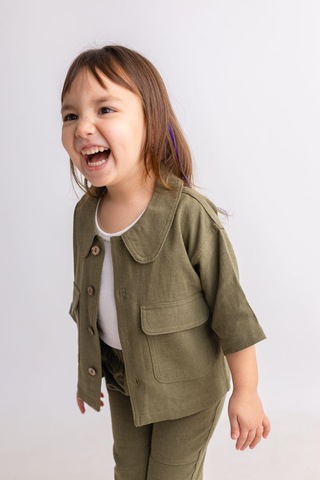 Oliven The Kid Oliventhekid Haki Keten Bebe Yaka Önden Düğmeli Kapaklı Cepli Kısa Kol Kız Çocuk Ceket Haki Haki