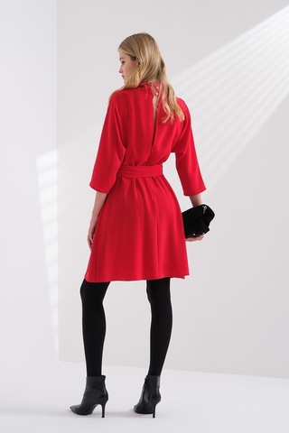 Explosion Minimalist Midi Abiye Elbise - 3/4 Kol, Kemerli, Günlük & Ofis Kırmızı