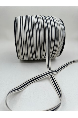 1.5 Cm Polyester Çizgili Şerit-5 Metre- Ekru/lacivert