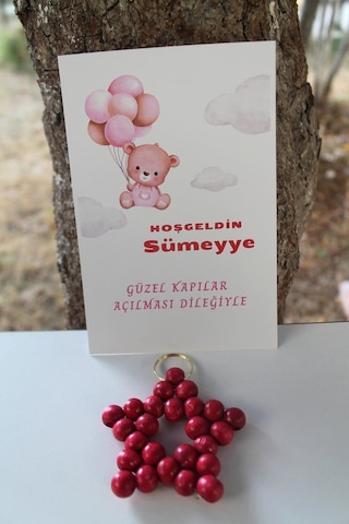 30 Adet Ahşap Yıldız Anahtarlık - Bebek Hediyelik - Kartlı