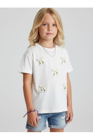 Zekids Kız Çocuk Pamuklu Fiyonk Detaylı T-shirt-16760 Ekru