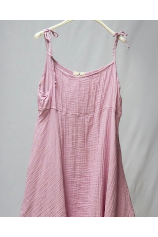 %100 Pamuk Müslin Nefes Alır Kadın Askılı Gecelik Elbise Pijama Rahat, Şık Gots Sertifikalı Açık Pembe