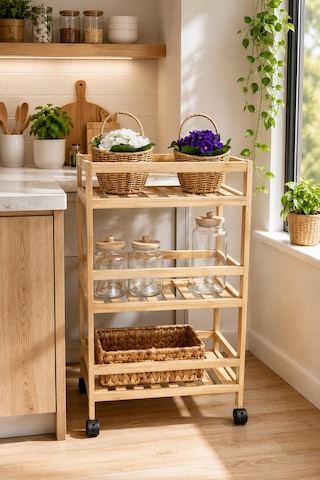 3 Katlı Bambu Mutfak Rafı Tekerlekli Çok Amaçlı Organizer Modern Depolama Standı