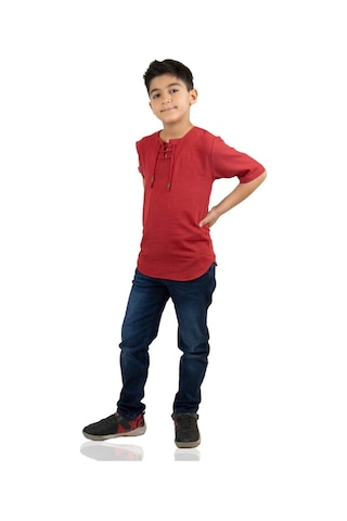 Eliş Şile Bezi Kısa Kol Şile Bezi Zımbalı Erkek Çocuk Tshirt Kırmızı 3051