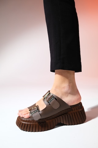 Luvishoes Joanes Kahve Cilt Hakiki Deri Çift Bantlı Kadın Dolgu Taban Terlik Kahverengi
