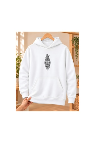Mor Mürekkep Uluyan Bozkurt Ve Dairesel Tamga Baskılı Kapüşonlu Sweatshirt - Beyaz