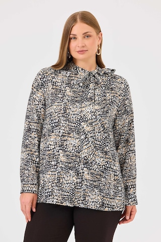 Galaxi Kadın Büyük Beden Yakası Bağlamalı Desenli Gömlek 4026 Siyah Siyah