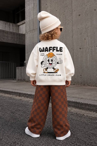 Monila Erkek Çocuk 3 İplik Pamuklu Ekru Waffle Baskılı Sweatshirt Ve Kahverengi Kareli Alt Üst Takım