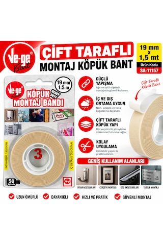 Ve-ge Köpük Montaj Bandı 19 Mm 1.5 Mm İç Ve Dış Ortam İçin 1 Adet
