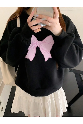 Startmore Block Bow Print Crew Neck Long Sleeve Black Sweatshirt,fall Clothes Çok Renkli