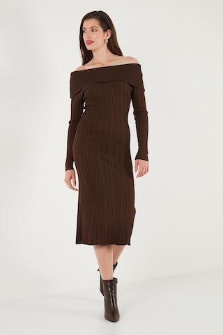 Lela Premium Fitilli Carmen Yaka Slim Fit Midi Boy Triko Bayan Elbise 680El00033 Kahve