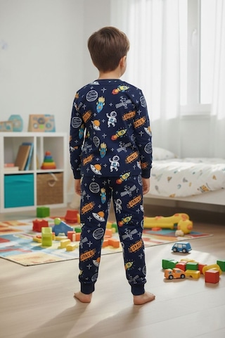 Bunny Hopp Uzay Temalı Erkek Çocuk Pijama Takımı %100 Pamuk Mevsimlik Bisiklet Yaka Manşetli Koyu Lacivert