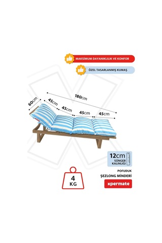 Tr Pofuduk Şezlong Minderi 180x60x12 Cm Çantalı Şezlong Yatağı Su İtici Uv Dayanımlı Çizgili Mavi Diğer