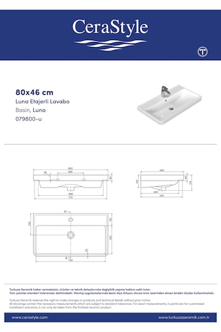 Turkuaz Cerastyle Luna 80 46 Cm Etajerli Damlalıklı Lavabo Beyaz