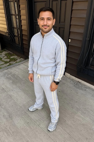 Erkek Çift Şeritli Eşofman Takım Dik Yaka Fermuarlı Sweatshirt Boru Paça Alt, Oversize 3 İplik Pamuk Gri