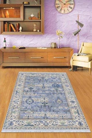 Eflatun Çerçeveli Dokuma Pamuk Taban Kaymaz Kilim Klm295n11