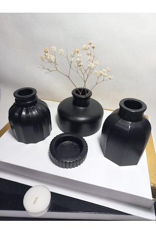 Modern Minimal Vazo Set 3'lü, Ev & Ofis Hediyelik, Dekoratif Obje, Siyah