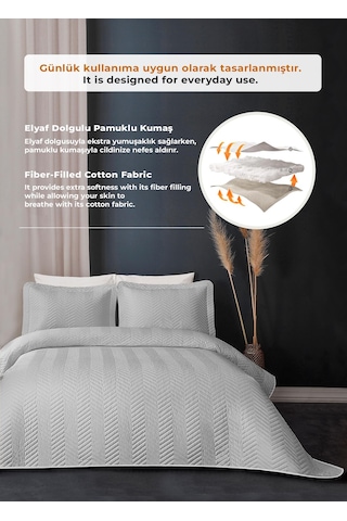 Evlen Home Ross %100 Pamuk Yatak Örtüsü Pike Takımı Çift Kişilik Kapitone Çizgili Günlük Yıkanabilir Gri Gri