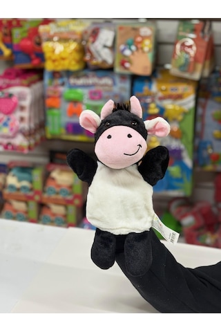 Peluş 25 Cm El Kuklası Siyah Beyaz İnek Kukla Çok Renkli