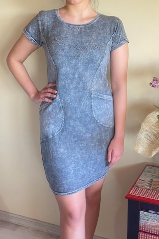 Mia Butik Kadın Önü Yazılı Taşlarla Süslenmiş Gri Elbise-671 Gri