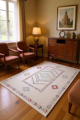 Blghome Etnik Desen Modern Halı Dekoratif Kilim Bej