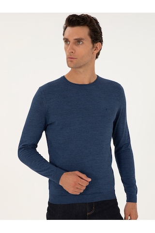 Cacharel İndigo Slim Fit Yün Karışımlı Bisiklet Yaka Basic Triko Kazak Mavi