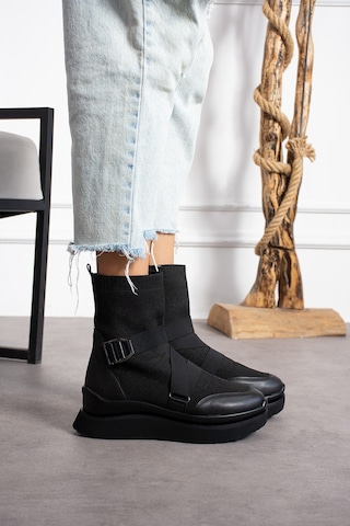 Dabab Shoes Katiana Kadın Siyah Lastik Detaylı Rahat Kalın Taban Triko Spor Bot