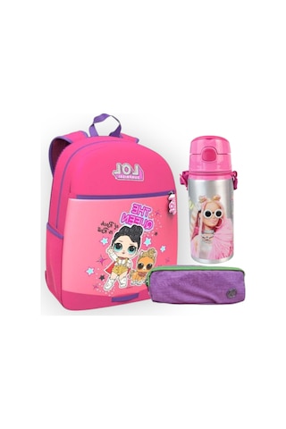 Surprise Anaokul Çantası + Çift Gözlü Kalemlik Lisanslı Aluminyum Matara Suluk 500ml 2 Pembe