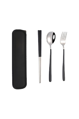 Sones 3 Adet / Set Taşınabilir Paslanmaz Çelik Sofra Takımı Yaratıcı Set Çubuk Kaşık Çatal Hediye, Renk: Siyah