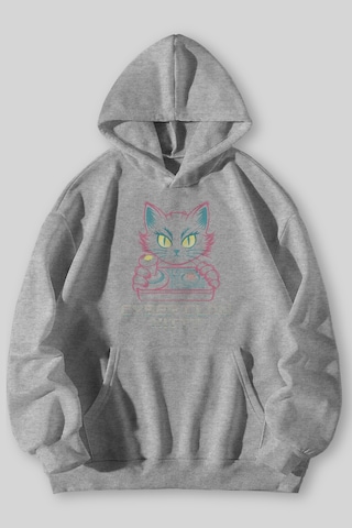 Harmandar Cyber Claw Kitty Baskılı Unisex Siyah Gri Kanguru Cepli Kapüşonlu Sweatshirt Hoodie Gri