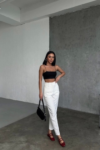 Defymoda Yüksek Bel Pensli Pantolon Beyaz