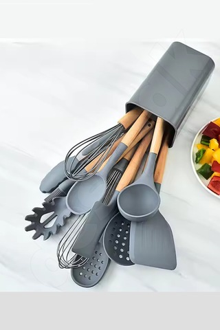 Gri 11'li Bambu Saplı Silikon Servis Seti - Kepçe, Kevgir, Maşa