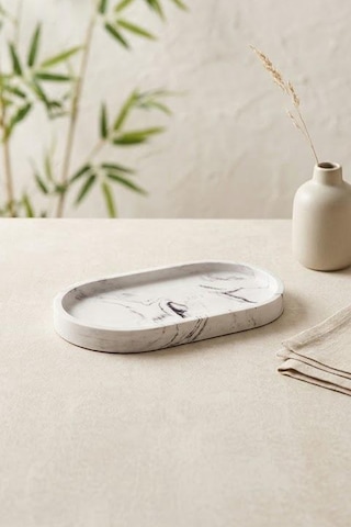 Mermer Desenli Oval Şık Sunum Kayık Tabağı-kahvaltılık Ve Dekoratif Servis Tabağı 23 Cm Beyaz