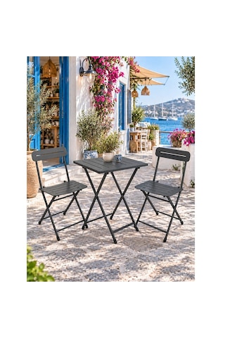 Katlanır Metal Balkon Bahçe Bistro Masa Sandalye Seti 2 Kişilik 1 Masa 2 Sandalye Füme 1647