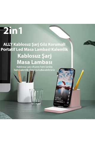 Ally Kablosuz Sarj Göz Korumali Portatif Led Masa Lambasi Kalemlik Beyaz