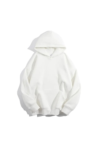 Swoord Kapüşonlu Unisex Oversize Sweatshirt 3 Iplik Şardonlu Pamuklu Baskısız Beyaz