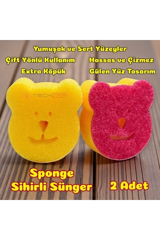 Technow Sponge Çift Taraflı Gülen Yüz Çok Amaçlı Sihirli Bulaşık Süngeri 2 Adet