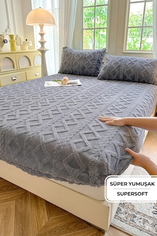 Süper Yumuşak Jakar Kadifemsi Peluş Lastikli Fitted Çarşaf Seti Kaymaz Tek/çift Kişilik Antrasit Koyu Gri
