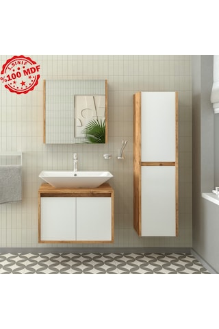 Banos Roomart Lavabolu Ahşap-Mat Beyaz Mdf 65 Cm Banyo Dolabı+A.. Beyaz