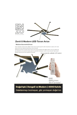 Zenit 8 Füme Led Tavan Avize Kumandalı Dim Edilebilir Aşağı Işık Doğal Işık